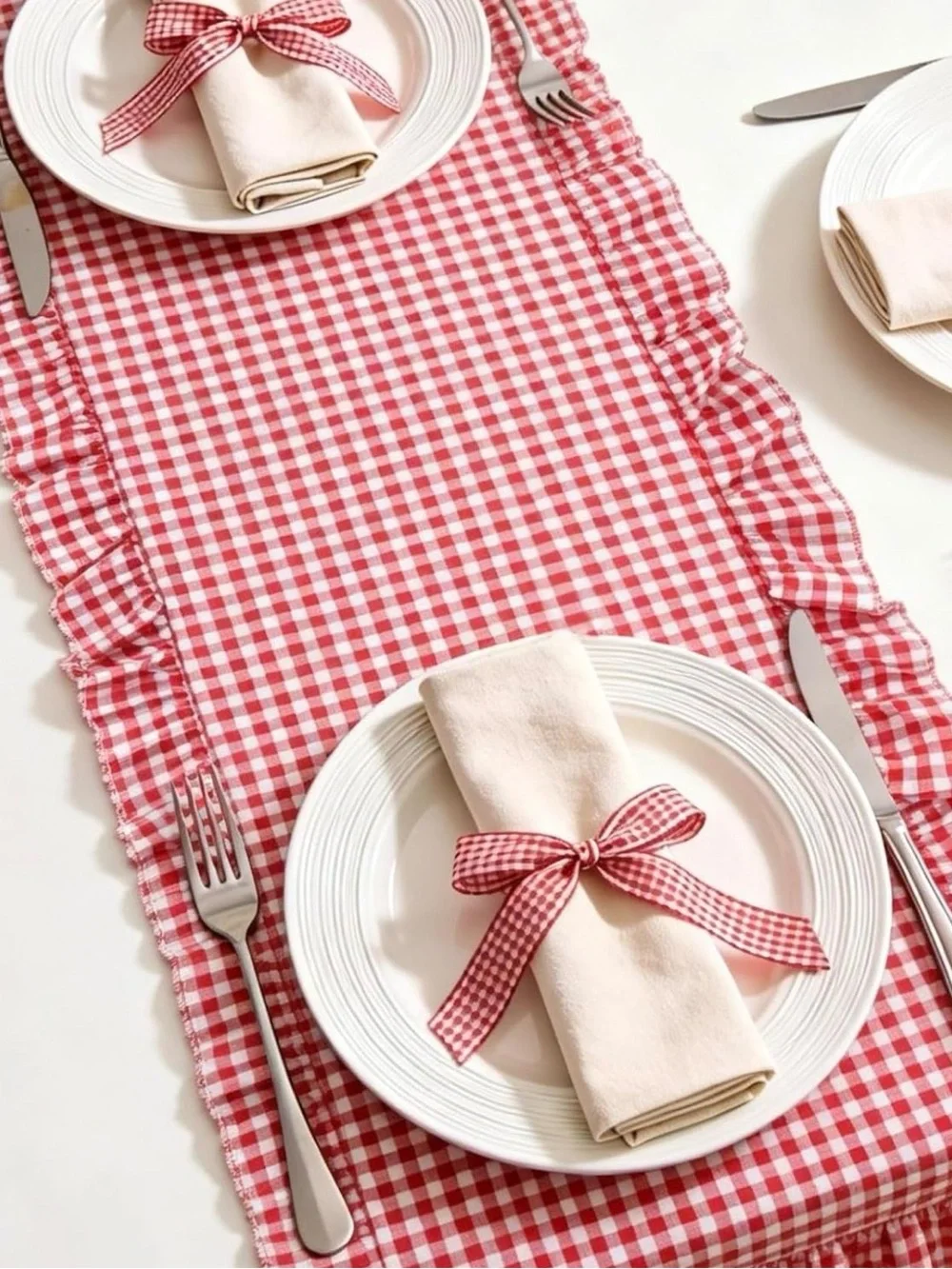 Gingham Ruffle  Red White Plaid Rustic Ruffled Edge Table Runner 118 x 13 inches